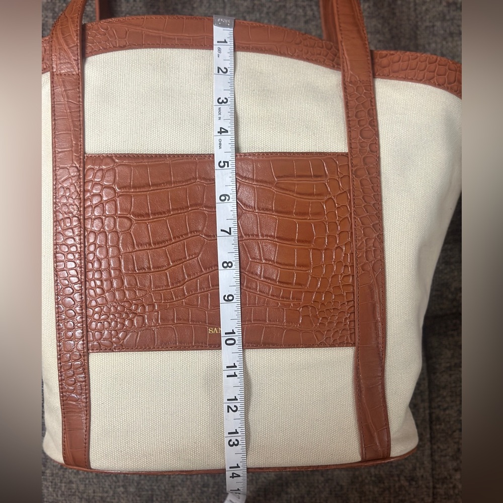 Sancia Minka Canvas and Croc Embossed Cowhide Leather Tote Bag In Cognac/White - Picture 14 of 16